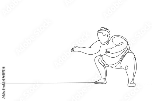 Single continuous line drawing of young big fat Japanese sumo man training at arena gym center. Traditional festival martial art concept. Trendy one line draw design vector graphic illustration