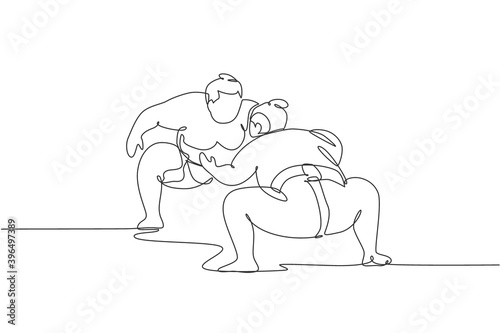 One single line drawing of two young overweight Japanese sumo man fighting at arena competition vector illustration. Traditional rikishi combative sport concept. Modern continuous line draw design