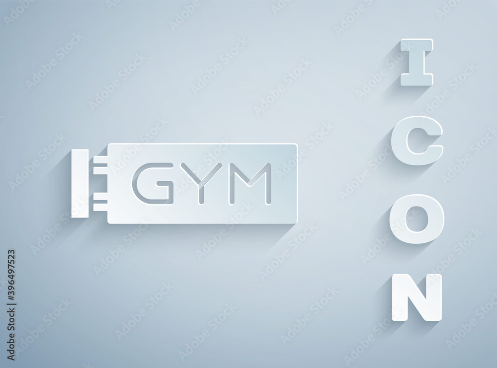 Paper cut Location gym icon isolated on grey background. Paper art style. Vector. Paper cut Location gym icon isolated on grey background. Paper art style. Vector.