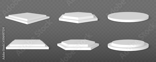 Vector set of white podiums. Pedestal platform or showroom stand. White studio stage platform