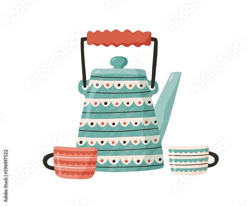 Cute ceramic teapot with cups. Painted kettle isolated on white background. K...