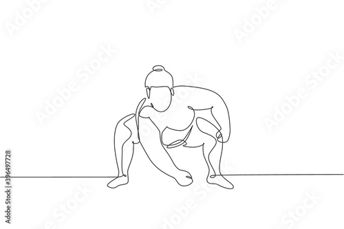 One single line drawing of young overweight Japanese sumo man ready to fight at arena competition vector illustration. Traditional rikishi combative sport concept. Modern continuous line draw design