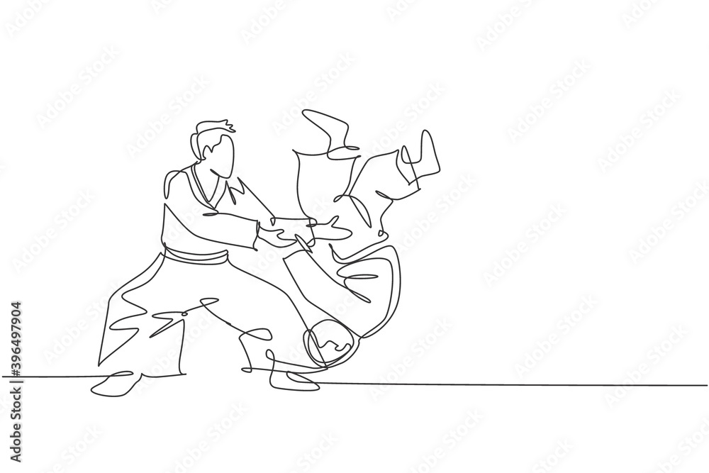 One continuous line drawing of young men aikido fighter practice fighting technique at dojo training center. Martial art combative sport concept. Dynamic single line draw design vector illustration