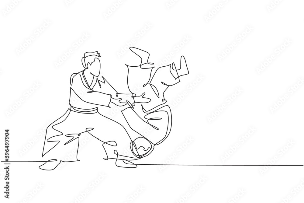 Fototapeta premium One continuous line drawing of young men aikido fighter practice fighting technique at dojo training center. Martial art combative sport concept. Dynamic single line draw design vector illustration