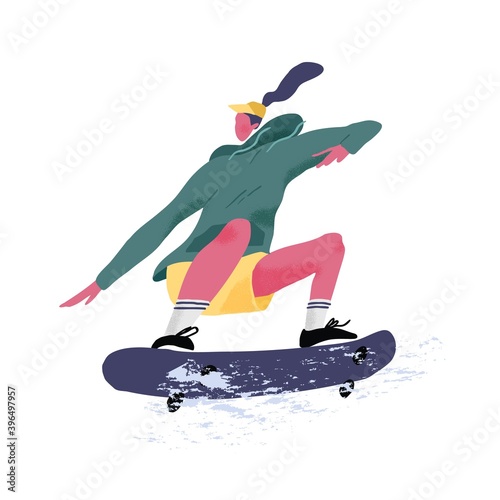 Skater riding skateboard. Skateboarder jumping or tricking on skate board. Summer sports activity. Flat textured graphic vector illustration isolated on white background.