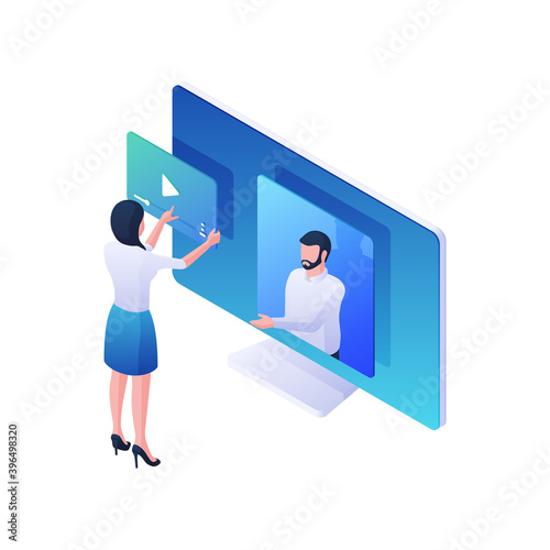 Woman watching video stream service isometric illustration. Female character plays online video on monitor with male announcer.