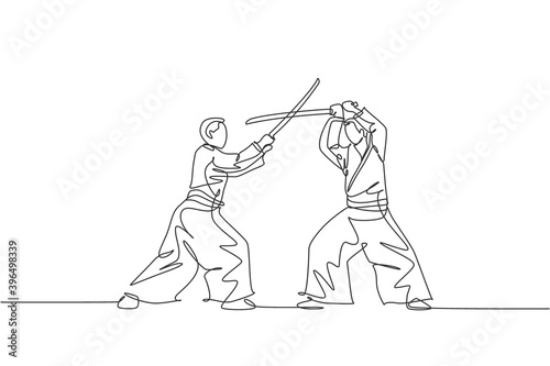 One continuous line drawing of young man aikido fighter practice using wooden sword at dojo training center. Martial art combative sport concept. Dynamic single line draw design vector illustration