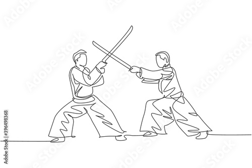 One single line drawing of young energetic man wearing kimono exercise aikido fight with wooden sword in sports hall vector illustration. Healthy lifestyle sport concept. Continuous line draw design