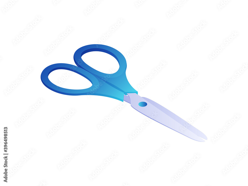 Stationery scissors isometric vector. Cutting tool with blue handles and white blades. Stationery scissors isometric vector. Cutting tool with blue handles and white blades.