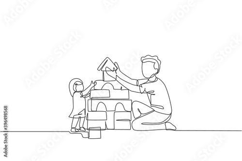 One continuous line drawing of young happy father playing build a brick house with lovely daughter at home. Family parenting concept. Dynamic single line draw design graphic vector illustration