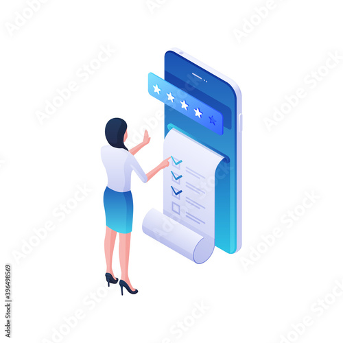 Online mobile app report isometric illustration. Female character conducts web testing of application on smartphone and evaluates rating.
