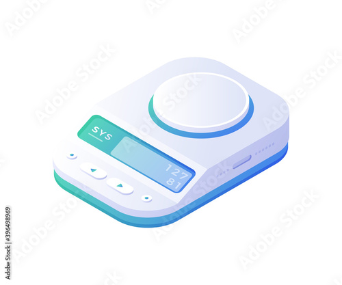 Accurate electronic scales isometric vector. Measured white device with high sensitivity digital blue panel for weight determination.