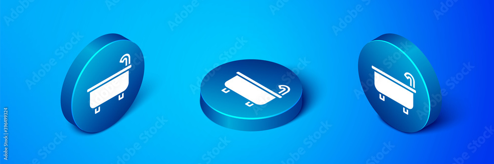 Isometric Bathtub icon isolated on blue background. Blue circle button. Vector. Isometric Bathtub icon isolated on blue background. Blue circle button. Vector.