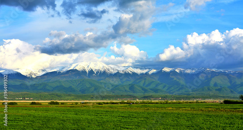 Landscape of green fields with snow-capped peaks mountains in Calimani, Romania photo