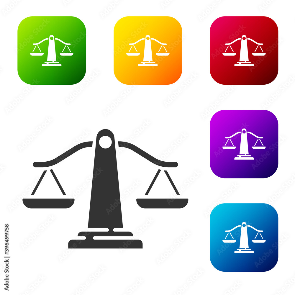 Black Scales of justice icon isolated on white background. Court of law symbol. Balance scale sign. Set icons in color square buttons. Vector. Black Scales of justice icon isolated on white background. Court of law symbol. Balance scale sign. Set icons in color square buttons. Vector.