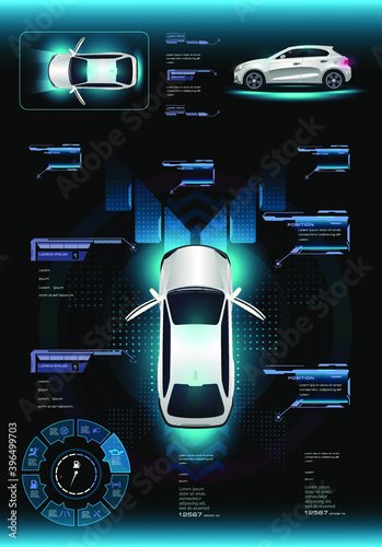 Car user interface with HUD, GUI, UI elements. Futuristic car concept with parameters on the digital HUD interface panel. Car control system tuning. Sity smart car. Vector