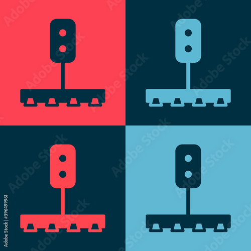 Pop art Train traffic light icon isolated on color background. Traffic lights for the railway to regulate the movement of trains. Vector.