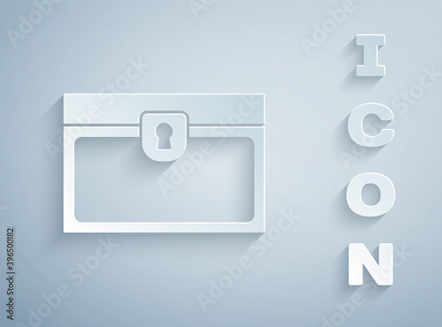 Paper cut Antique treasure chest icon isolated on grey background. Vintage wooden chest with golden coin. Paper art style. Vector.