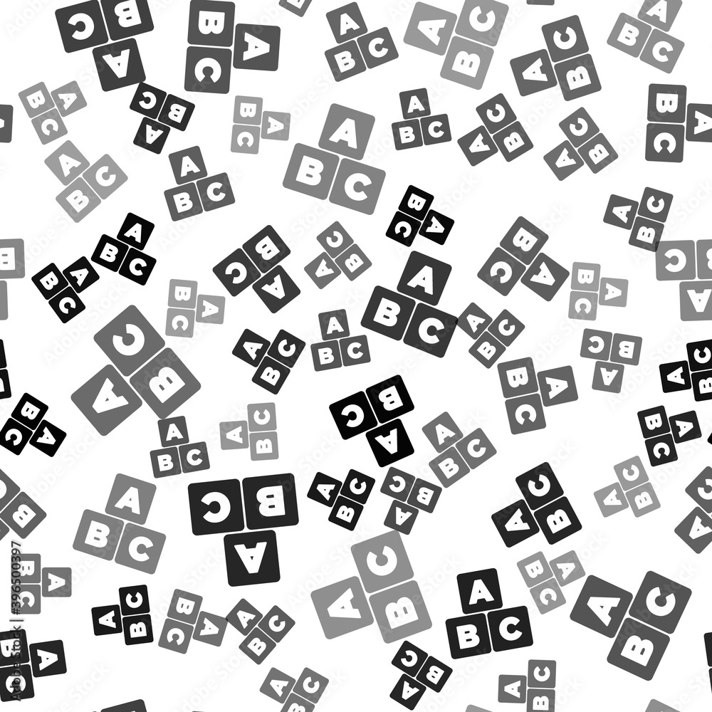 Black ABC blocks icon isolated seamless pattern on white background. Alphabet cubes with letters A,B,C. Vector. Black ABC blocks icon isolated seamless pattern on white background. Alphabet cubes with letters A,B,C. Vector.