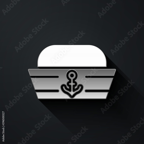 Silver Sailor hat icon isolated on black background. Long shadow style. Vector.