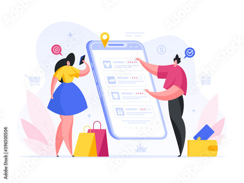 People search and evaluate online fashion clothing stores flat illustration.