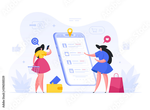 Women make online ordering perfumes in smartphone application vector illustration.
