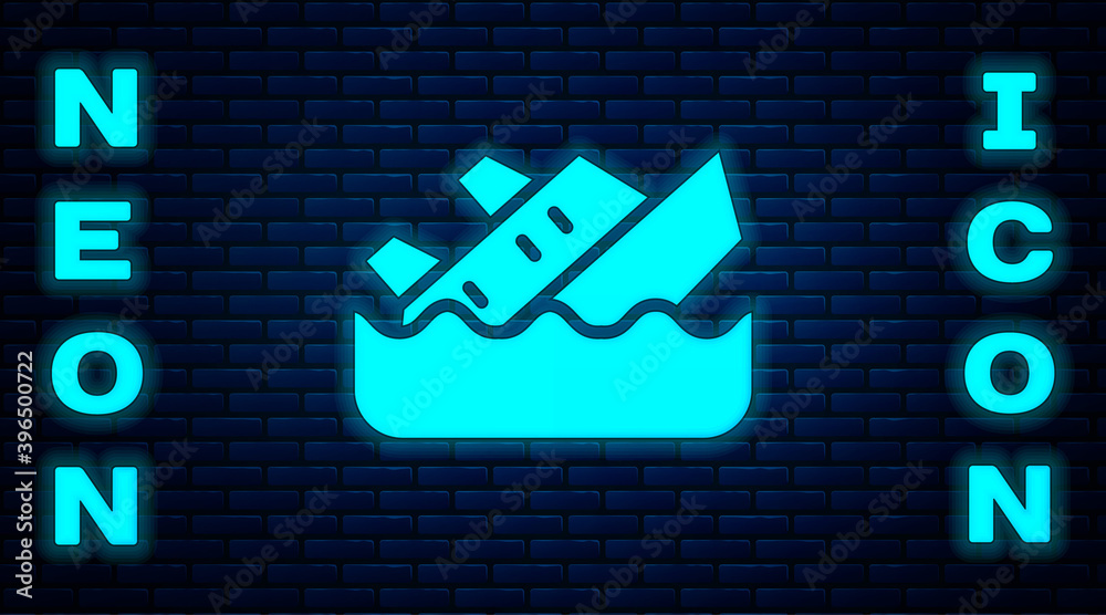Glowing neon Sinking cruise ship icon isolated on brick wall background. Travel tourism nautical transport. Voyage passenger ship, cruise liner. Vector. Glowing neon Sinking cruise ship icon isolated on brick wall background. Travel tourism nautical transport. Voyage passenger ship, cruise liner. Vector.