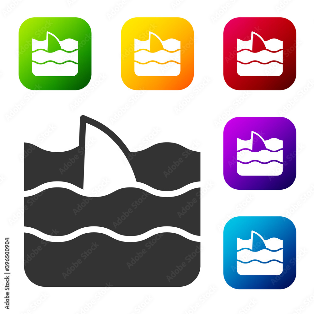 Black Shark fin in ocean wave icon isolated on white background. Set icons in color square buttons. Vector.