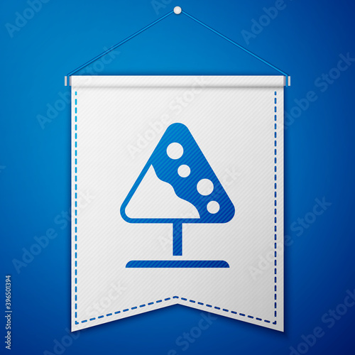 Blue Road sign avalanches icon isolated on blue background. Snowslide or snowslip rapid flow of snow down a sloping surface. White pennant template. Vector.