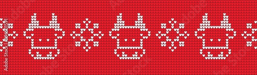 Trendy paper art pattern with knitted texture seamless bull. Watercolor style texture. Background, wallpaper. Christmas decoration. Geometric texture background. Holiday background