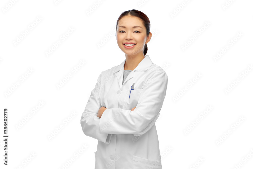 medicine, profession and healthcare concept - happy smiling asian female doctor or scientist with crossed arms in white coat medicine, profession and healthcare concept - happy smiling asian female doctor or scientist with crossed arms in white coat