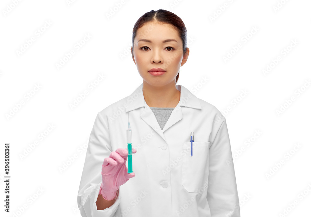 medicine, vaccination and healthcare concept - asian female doctor or scientist with syringe over white background