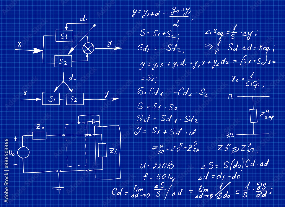 Physics, electronic engineering, mathematics equation, scheme and calculations, endless hand writing. Vector blueprint. Technology background.