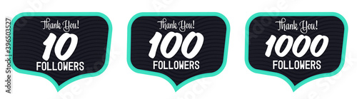 Set of Followers thank you banners design template, graphic icons for social media, first steps, vector illustration.