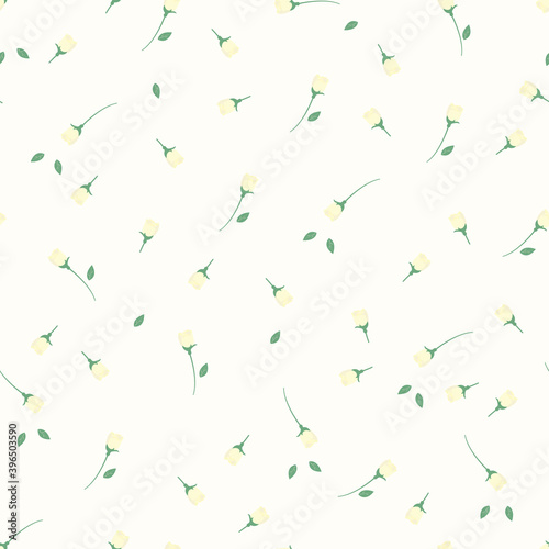 Rose buds seamless vintage pattern. Cute little unopened flowers and leaves on a white background. Design of fabric, packaging, interior, scrapbooking. Vector illustration.