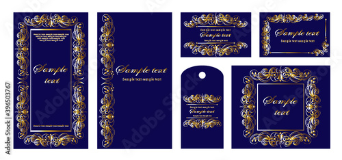 Golden ornament elements on a dark-blue colour background for the design of greeting and invitation cards.