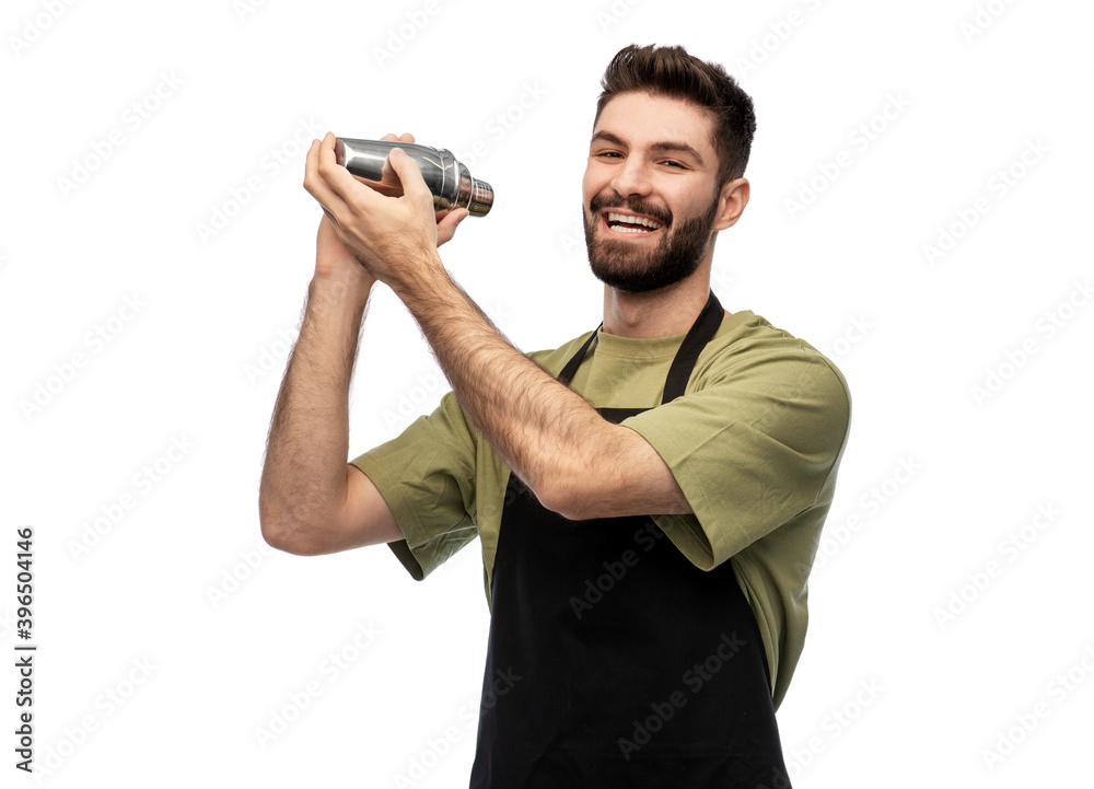 alcohol drinks, people and job concept - happy smiling barman with shaker preparing cocktail over white background alcohol drinks, people and job concept - happy smiling barman with shaker preparing cocktail over white background