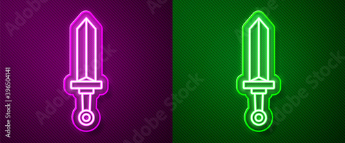 Glowing neon line Medieval sword icon isolated on purple and green background. Medieval weapon. Vector.