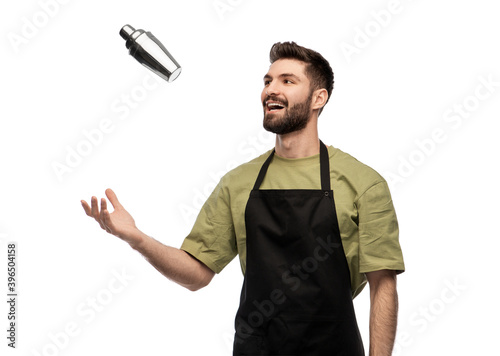 Canvastavla alcohol drinks, people and job concept - happy smiling barman with shaker prepar