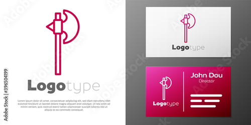Logotype line Medieval axe icon isolated on white background. Battle axe, executioner axe. Medieval weapon. Logo design template element. Vector.