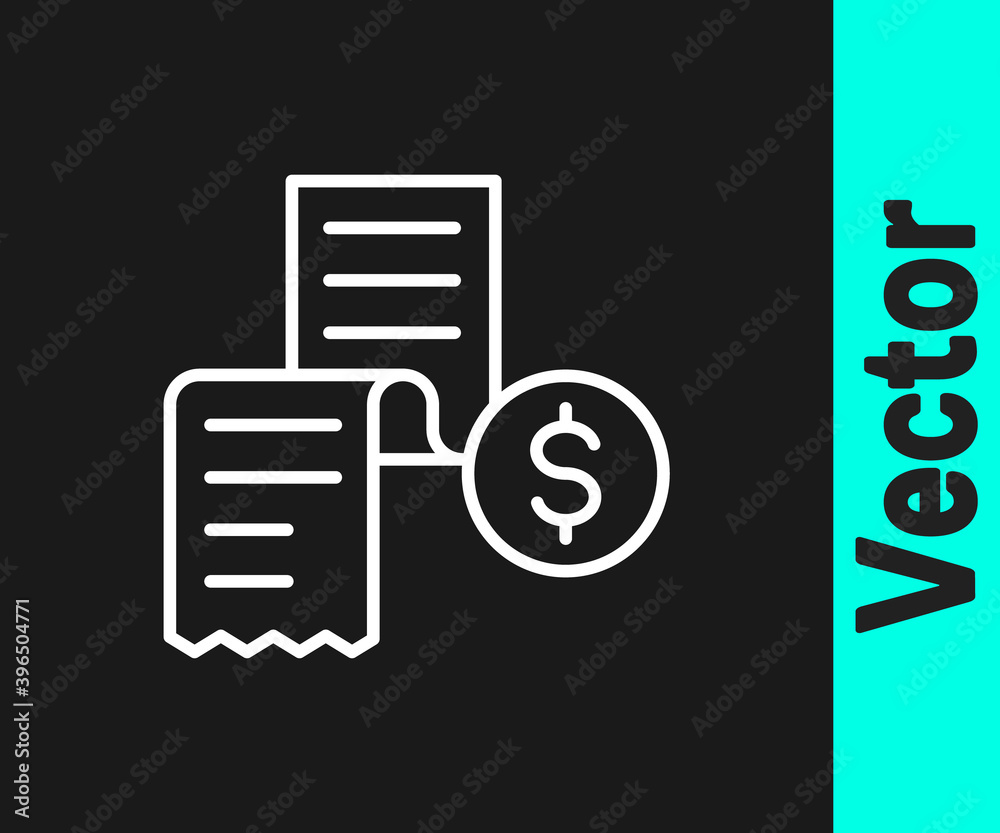 White line Paper or financial check icon isolated on black background. Paper print check, shop receipt or bill. Vector. White line Paper or financial check icon isolated on black background. Paper print check, shop receipt or bill. Vector.