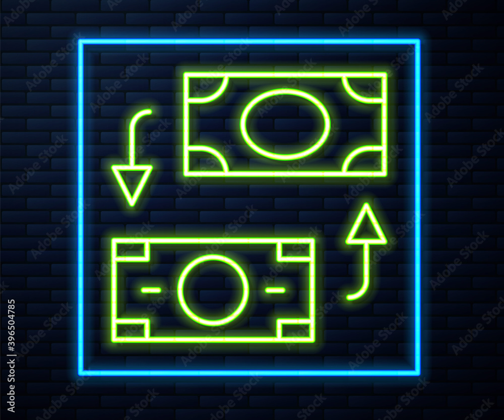 Glowing neon line Money exchange icon isolated on brick wall background. Cash transfer symbol. Banking currency sign. Vector. Glowing neon line Money exchange icon isolated on brick wall background. Cash transfer symbol. Banking currency sign. Vector.
