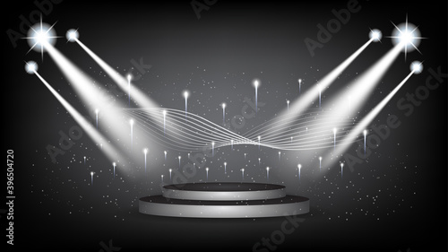 Abstract background stage with scenic lights of round futuristic technology user interface Black vector lighting empty stage spotlight background.