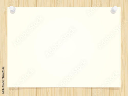 木の板に押しピンで紙が貼ってある背景-Background of paper pasted on a wooden board with a push pin