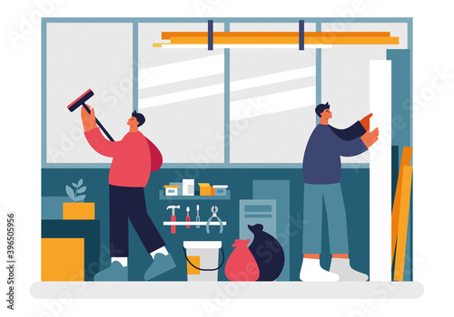 People cleaning warehouse illustration. Male characters wiping dirt and dust off windows and stockpiling boards work materials.