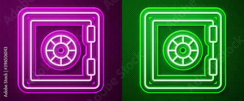 Glowing neon line Safe icon isolated on purple and green background. The door safe a bank vault with a combination lock. Reliable Data Protection. Vector.