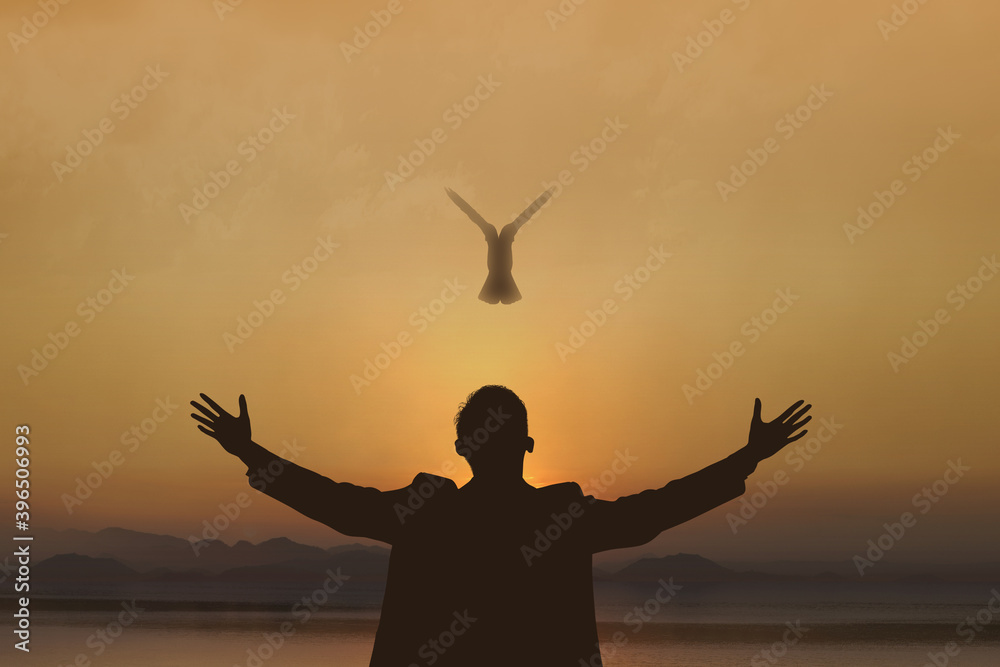 Silhouette of businessman raised hands and praying to god with flying pigeon