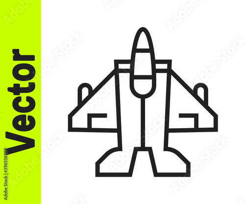 Black line Jet fighter icon isolated on white background. Military aircraft. Vector.