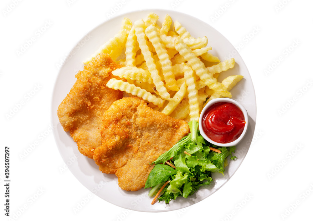 plate of fried breaded chicken meat or Schnitzel with french fries and salad isolated on white background plate of fried breaded chicken meat or Schnitzel with french fries and salad isolated on white background