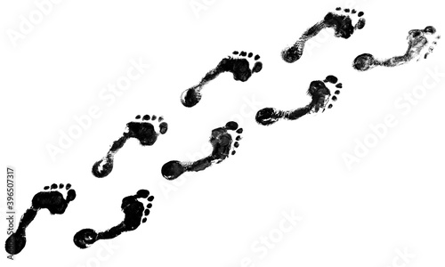 Human black footprints way white background isolated, barefoot person foot print pattern, walking path, footsteps silhouette illustration, bare feet route trail, ink imprint, stamp, mark, sign, symbol